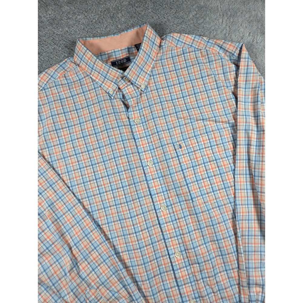 IZOD Button Down Shirt L Blue Peach Mens Plaid Premium Essentials Long Sleeve - Picture 1 of 10